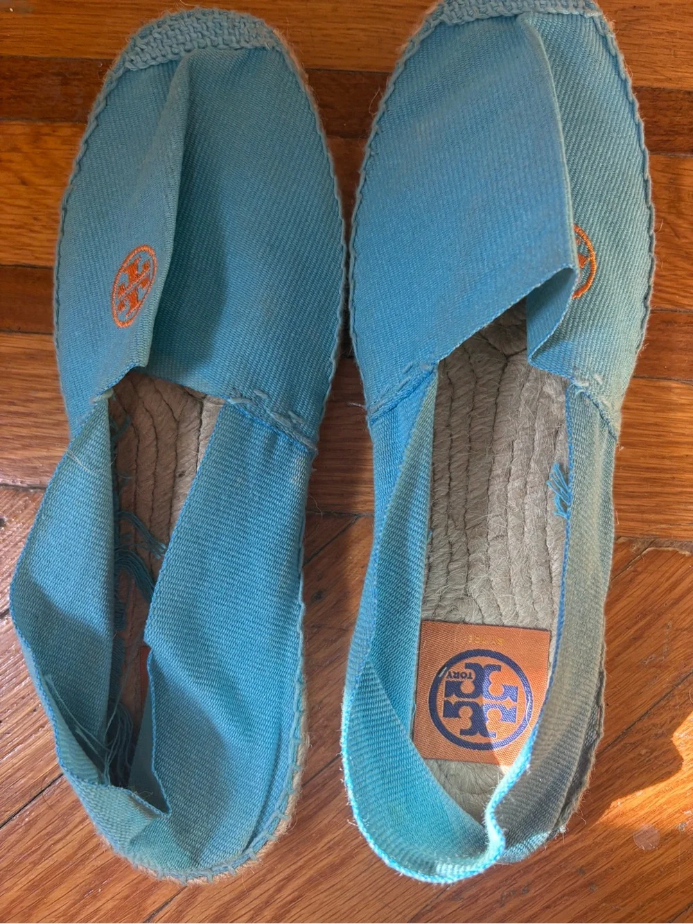 Tory Burch Turquoise Canvas Espadrilles with Orange Logo